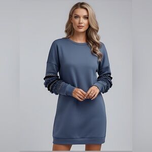 Blue Sleeve Fringe Sweatshirt Dress